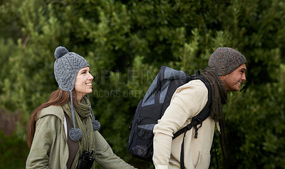 Buy stock photo Couple, happy and hiking in forest or outdoor with travel, adventure or holiday for experience or fitness. Man, woman and trekking in woods or nature for cardio, exercise or workout with backpack