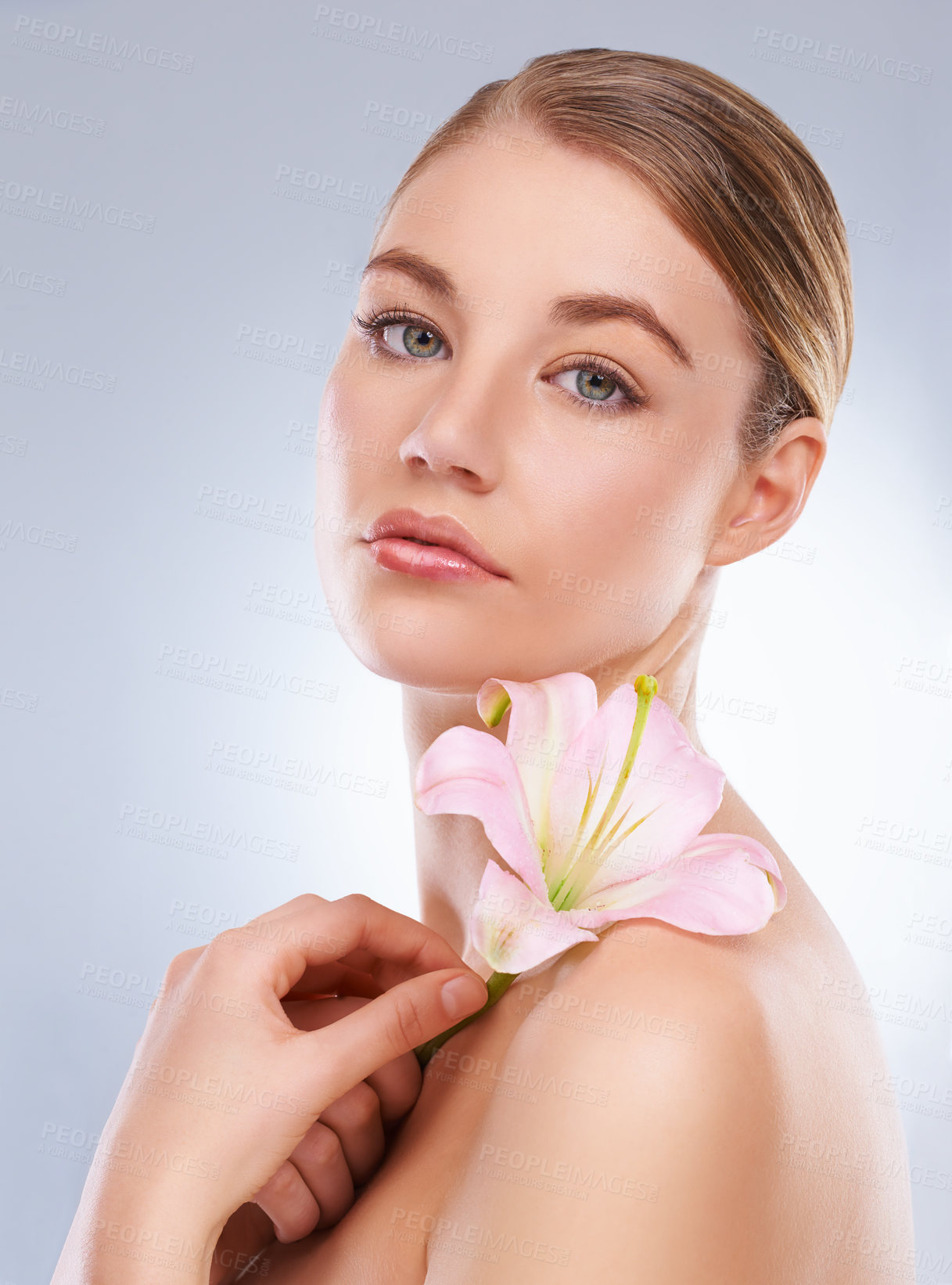 Buy stock photo Portrait, beauty and woman with dermatology, flowers or wellness on white studio background. Face, person or model with natural cosmetics or grooming with shine or glow with aesthetic or healthy skin