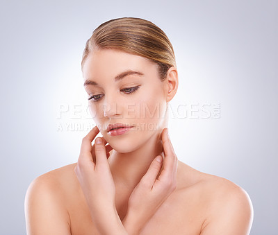 Buy stock photo Thinking, skincare and woman with beauty, cosmetics and dermatology on white studio background. Person, girl and model with wellness or grooming with makeup, treatment and self care with healthy skin