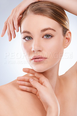 Buy stock photo Portrait, skincare and woman with cosmetics, dermatology and wellness on a white studio background. Face, person and model with self care and grooming with healthy skin, beauty or treatment with glow