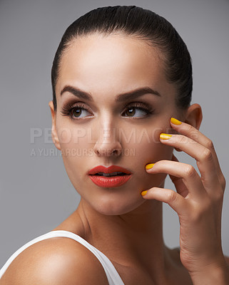 Buy stock photo Face, beauty and manicure nails with woman in studio isolated on gray background for luxury cosmetology. Thinking, makeup and lipstick with confident young model at salon for aesthetic cosmetics