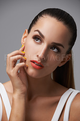 Buy stock photo Beauty salon, manicure and face of studio woman thinking of facial cosmetics, skincare or nail paint treatment. Nailpolish, clean hands and cosmetology model planning makeup idea on grey background