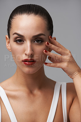 Buy stock photo Face, makeup and woman for beauty with manicure, nail polish and skin with cosmetics isolated on grey background. Red lipstick, color nails and model in portrait with confidence in studio and glamour