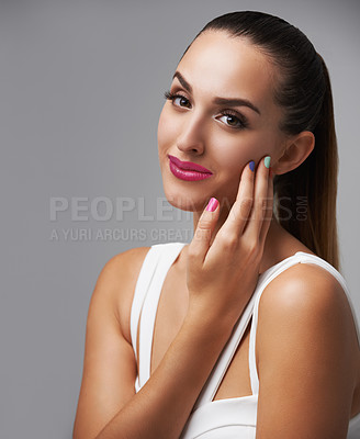 Buy stock photo Cosmetics, manicure color and portrait of woman with studio makeup, beauty care or creativity in hand paint design. Nail salon, fresh treatment and spa girl with grooming routine on grey background