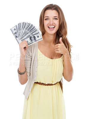 Buy stock photo Portrait, studio and happy woman with thumbs up for money, financial prize or approve of lotto competition reward. Dollars, cash and winner with emoji like sign for loan success on white background