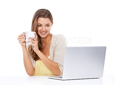 Buy stock photo Laptop, coffee or happy woman in studio for streaming on social media, blog or copywriting research. Freelancer, smile or female person editing online isolated on a white background on break to relax