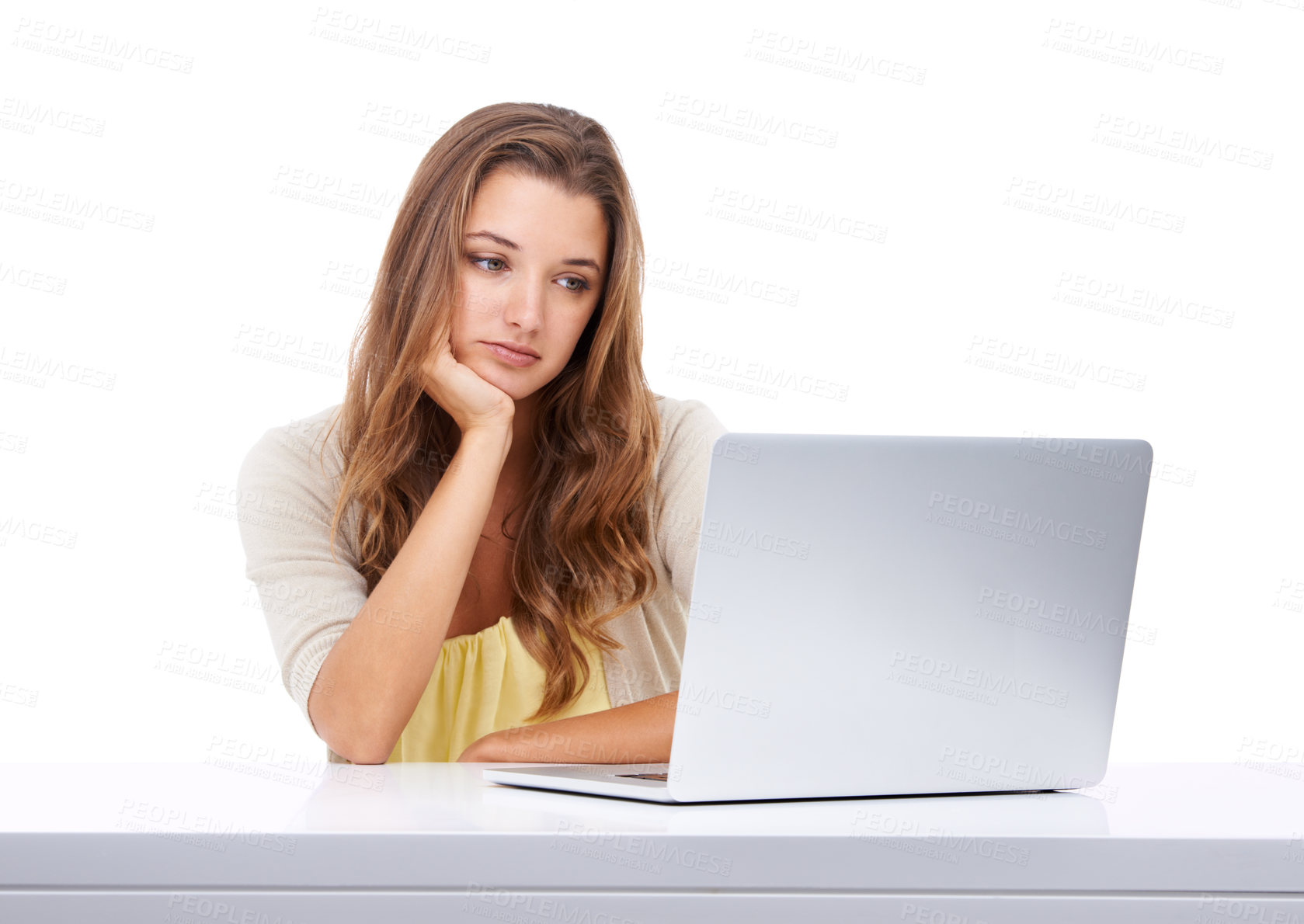 Buy stock photo Laptop, research and email with bored woman in studio isolated on white background for communication. Computer, education or study and young student with fatigue from learning or online class