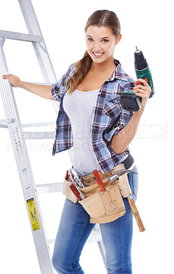 Buy stock photo Woman, portrait and ladder or drill in studio or contractor for building, maintenance or power tools. Female person, face and process on white background for remodel improvement, project or mockup