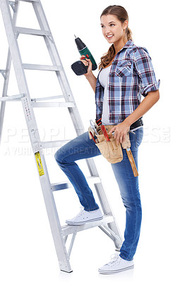 Buy stock photo Woman, ladder and drill as construction worker for remodeling as handyman for building, maintenance or power tools. Female person, studio and white background for diy improvement, project or mockup