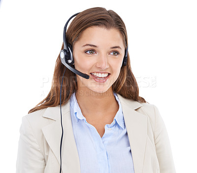 Buy stock photo Customer support, headset and face of happy woman on business communication, sales pitch and help desk advisory. Call center studio, microphone or professional consultant talking on white background