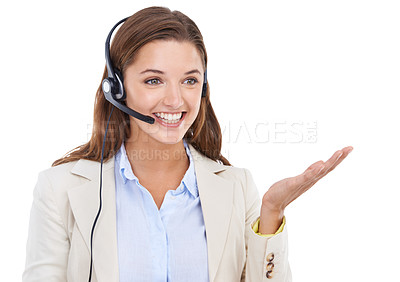 Buy stock photo Customer service, business headset or happy woman with palm gesture for communication, telemarketing or sales pitch. Call center, mockup studio space and professional consultant on white background
