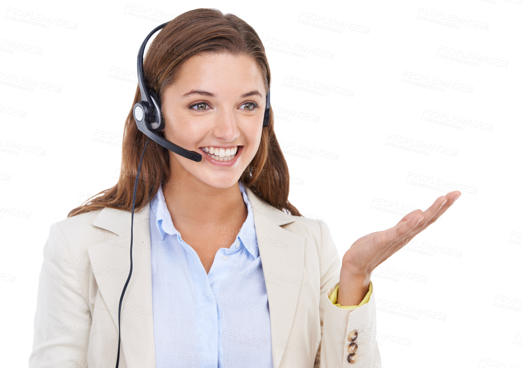 Buy stock photo Customer service, business headset or happy woman with palm gesture for communication, telemarketing or sales pitch. Call center, mockup studio space and professional consultant on white background