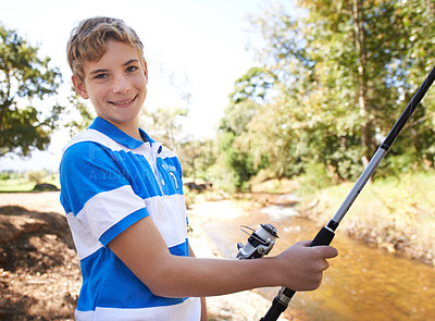 Buy stock photo Child, portrait and fishing rod at river in summer for adventure hobby or sunshine, nature or countryside. Male person, face and equipment for holiday trip at lake for learning, travel or outdoor