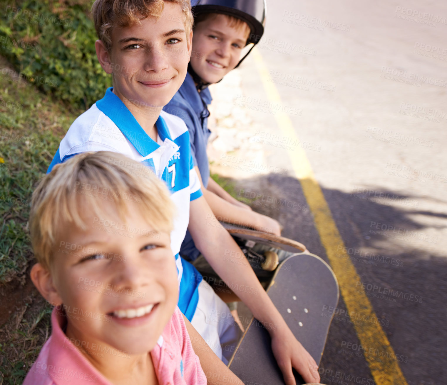 Buy stock photo Friends, sports and skaters in outdoor portrait, children and confidence for street style. Happy siblings, brotherhood and relaxing on road adventure, bonding and love or hobby on vacation or holiday