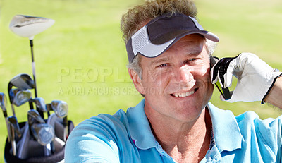 Buy stock photo Golfer man, phone and happy outdoor on call for communication on a golf course. Senior person portrait with smartphone at club to play a sports game on vacation or holiday in nature and retirement