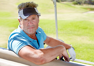 Buy stock photo Man, portrait and driving outdoor in golf cart to relax and enjoy free time or journey. Senior male person or golfer with buggy to play a sports game on vacation or holiday in nature and retirement
