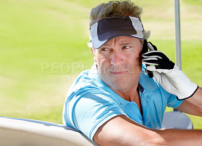 Buy stock photo Golfer, phone and serious man outdoor on call for communication on a golf course. Senior person with smartphone while thinking about sports game at club on retirement vacation or holiday in nature