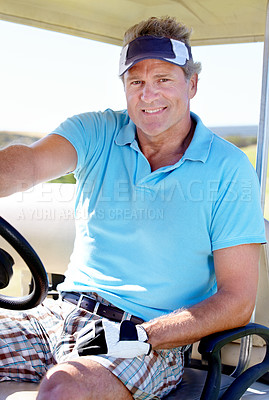 Buy stock photo Man, portrait and smile in golf cart on grass as professional athlete for transportation, hobby or sport. Mature person, face and pro driving on course at club or talent training, vacation or holiday