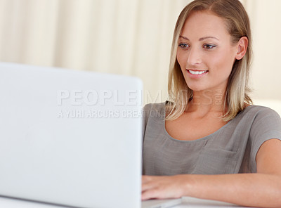 Buy stock photo Girl, laptop and happy for remote work from home, scroll and thinking with freelance copywriting job. Woman, computer and entrepreneur with planning, schedule and brainstorming with reading in house