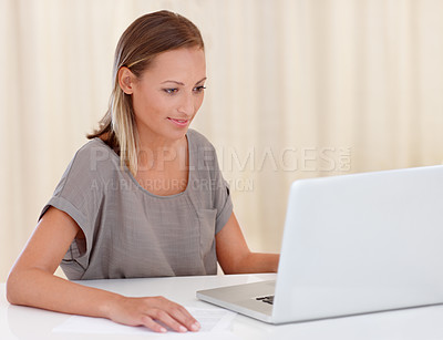Buy stock photo Happy woman, laptop and documents in budget planning, insurance or finance on table at home. Female person smile with paperwork or invoice for bills, expenses or financial investment on computer