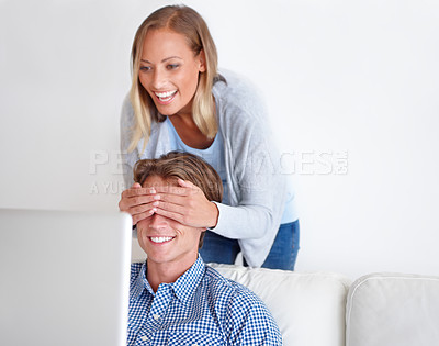 Buy stock photo Laptop, eyes closed and couple on sofa in home for internet, online website and social networking. Happy, surprise and man and woman on computer for relaxing, streaming subscription and remote work