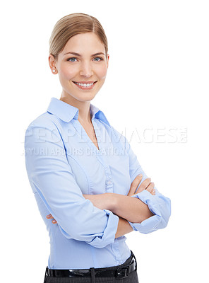Buy stock photo Portrait, woman arms crossed and business with sales growth, advertising agency and agent isolated on white studio background. Female, leader and ceo with smile, confident employee or project success