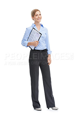 Buy stock photo Portrait, documents and review with a business woman in studio on a white background holding a contract or survey. Clipboard, research and agenda with a female employee holding paperwork for kpi