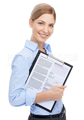 Buy stock photo Business woman, portrait and contract clipboard on isolated white background for cv review, recruitment or job interview. Smile, happy or human resources worker with paper documents for we are hiring