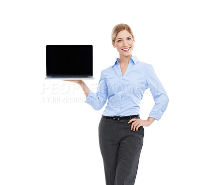 Buy stock photo Laptop, portrait of business woman in studio for doing research on website, online or internet. Technology, happy and female model posing with computer isolated by white background with mockup space.