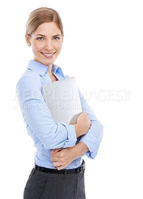 Buy stock photo Business woman with laptop in corporate portrait, technology and internet network on white background. Company communication, email and work, employee and happy professional female with tech mockup