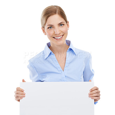 Buy stock photo Business, smile and woman with a board with mockup space for announcement or advertising. Signage, poster and portrait of a female model with blank bulletin with copy space by white studio background