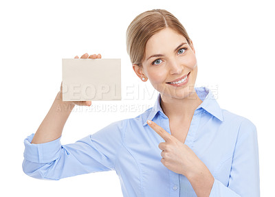 Buy stock photo Presentation, card and portrait of a business woman marketing a brand on a white background in studio. Showing, branding and employee pointing to paper for advertising of logo on a studio background