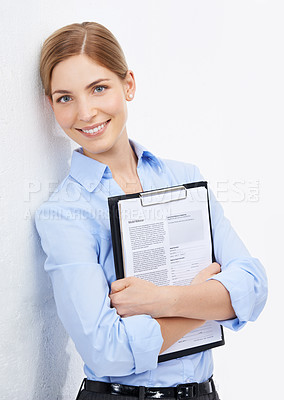 Buy stock photo Portrait, documents and mockup with a business woman in studio on a white background for a research review. Marketing, advertising or contract with a female employee holding a survey or questionnaire