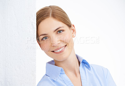 Buy stock photo Happy, portrait and woman leaning on a wall in studio with a business, luxury and fashion outfit. Happiness, smile and female model from Australia with corporate clothes isolated by white background.