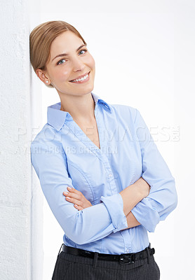 Buy stock photo Arms crossed, pride and portrait of a business woman at work on a white background in studio. Smile, happy and executive corporate worker with confidence, happiness and success on a studio background