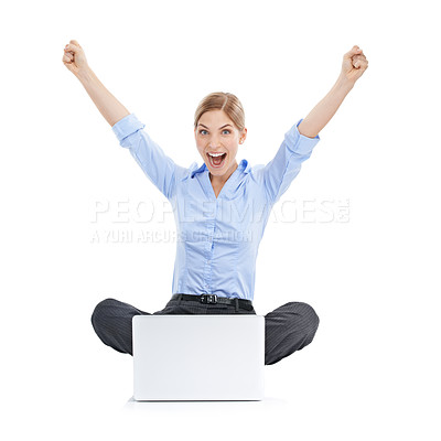 Buy stock photo Success, celebration and business woman with laptop in studio isolated on white background. Winner, computer or portrait of female celebrating goals, target achievement or victory, lottery or winning