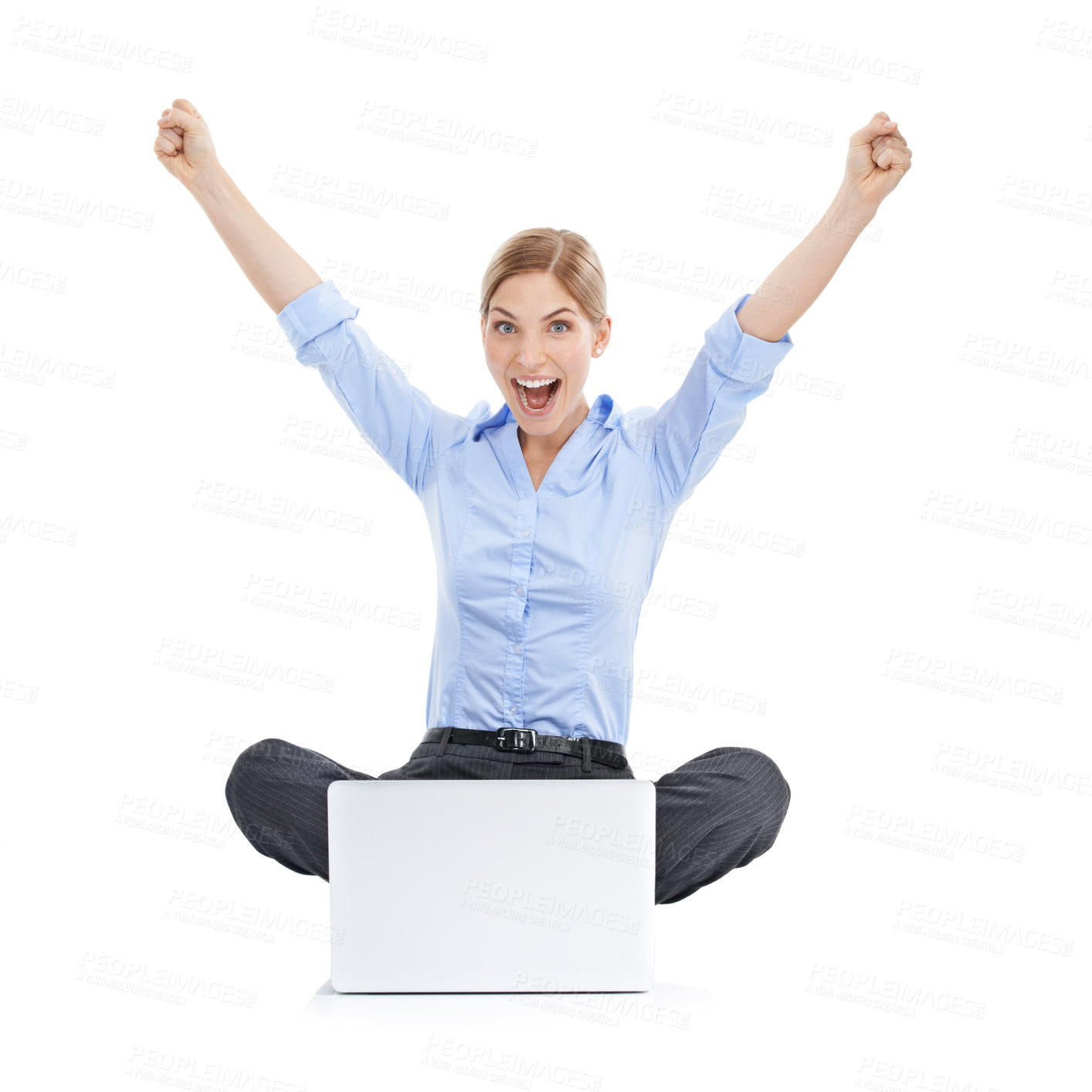Buy stock photo Success, celebration and business woman with laptop in studio isolated on white background. Winner, computer or portrait of female celebrating goals, target achievement or victory, lottery or winning
