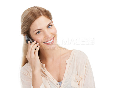 Buy stock photo Woman, happy and portrait for phone call in studio, chat and networking or connection for communication. Model, smile and face by smartphone for discussion, social and technology by white background