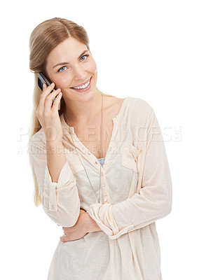 Buy stock photo Woman, smile and portrait for phone call in studio, social and networking or connection for communication. Model, happy and face by smartphone for discussion, chat and technology by white background