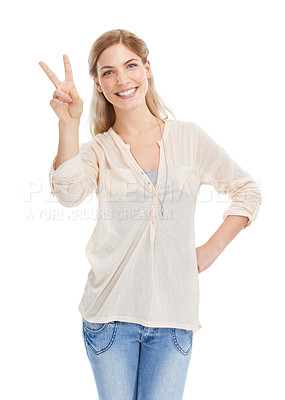 Buy stock photo Portrait, peace sign and happy woman at studio for winning isolated on a white background. Smile, fingers and v hand gesture, emoji or young female model with symbol for victory, success or celebrate