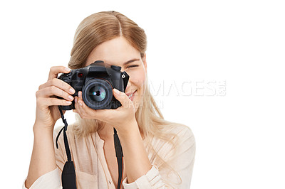 Buy stock photo Photographer, camera and focus with woman and creative, take picture for art and photo journalist on white background. Mockup space, creativity and photography in studio for content creation and lens