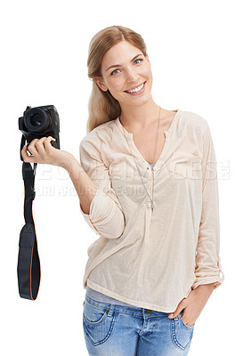 Buy stock photo Portrait, photographer and happy woman with camera in studio isolated on a white background. Creative person,  paparazzi and dslr lens technology for hobby, taking pictures or professional photoshoot
