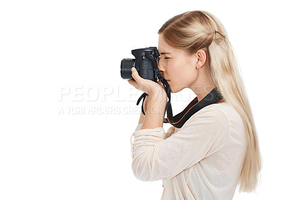 Buy stock photo Photographer, camera and focus with woman and profile, take picture for art and photo journalist on white background. Mockup space, creativity and photography in studio for content creation with tech