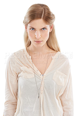Buy stock photo Portrait, angry and woman in studio frustrated, annoyed or posing with bad mood on white background. Problem, conflict and face of female model with emoji expression for tantrum, rage or aggression 