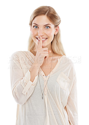 Buy stock photo Secret, excited or portrait of happy woman with finger on lips in studio, white background for privacy. Mouth, smile or shush for quiet silence, gossip and whisper sign for confidential mystery news