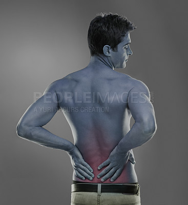 Buy stock photo Model, back pain and spine problem in studio, medical crisis and muscle tension or injury of training. Man, joint ache or sport accident with red glow of inflammation or arthritis by grey background