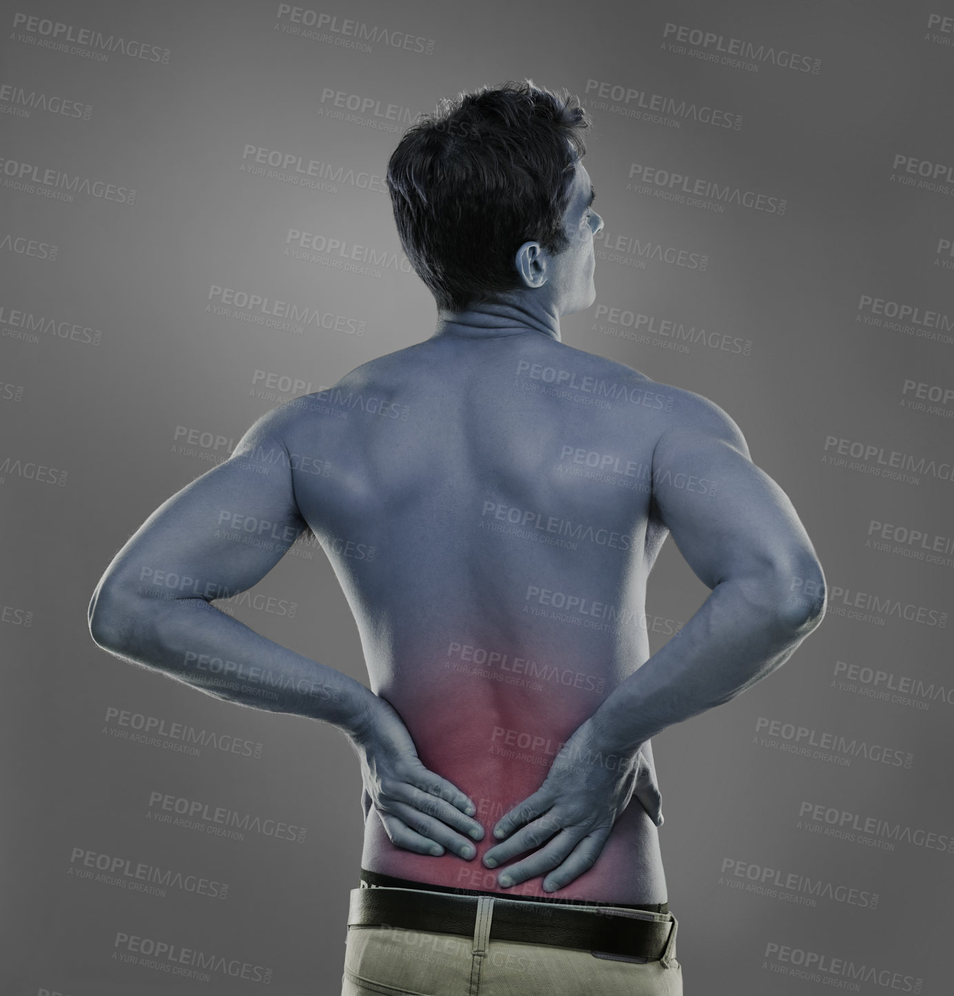 Buy stock photo Back pain, injury crisis and studio man with medical emergency, sore spine or fibromyalgia. Backache, red glow and person massage joint ache, inflammation or bad muscle strain on grey background