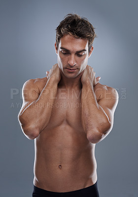 Buy stock photo Thinking, skincare and man with cosmetics, shirtless and dermatology on a grey studio background. Person, thoughts and model with wellness and muscular with health and grooming with shine or body