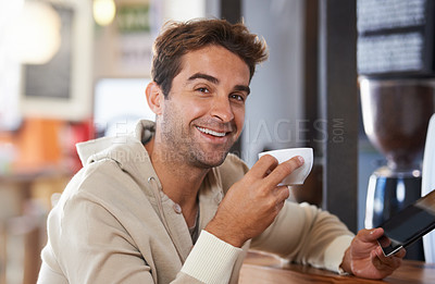 Buy stock photo Happy, coffee and portrait of man in a cafe with tablet for networking on social media or internet. Smile, cappuccino and young male person with digital technology for research in restaurant.