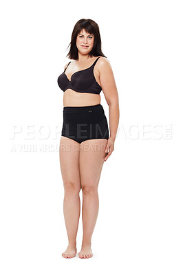 Buy stock photo Portrait, confidence and plus size woman in underwear in studio isolated on a white background mockup space. Person, model and body positivity, self acceptance or natural beauty of healthy young girl